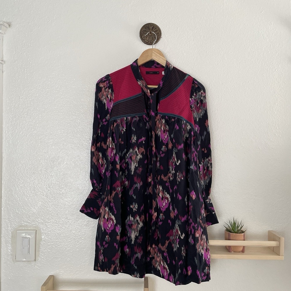 Lux. 100% Silk and Cotton Bohemian Ikat Print‎ Neck Tie Dress XS